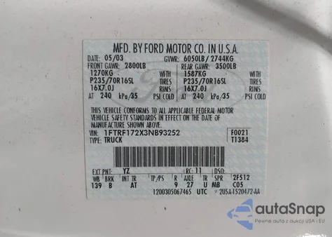 2003 Ford F-150 Xl/Xlt from USA, damaged, VIN 1FTRF172X3NB93252